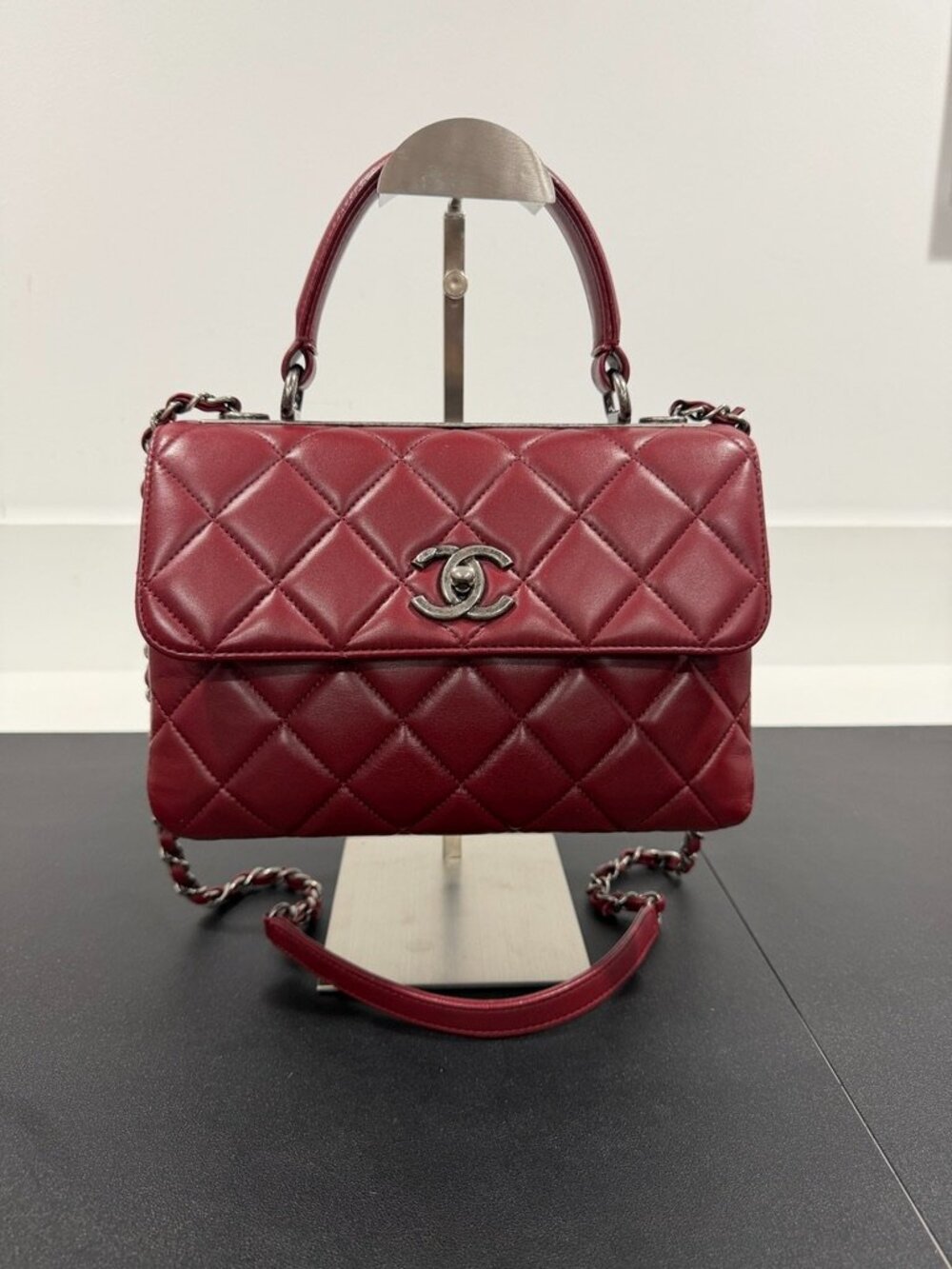 Chanel Small Trendy CC Top Handle Burgundy Lambskin Ruthenium Hardware (JB1581)